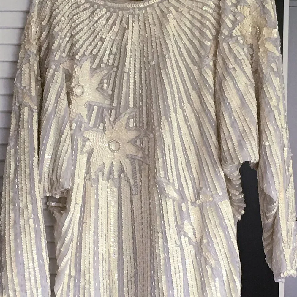 1980s Vintage Cream Sequin Chinese Silk Long Sleeve Blouse. - Picture 13 of 16